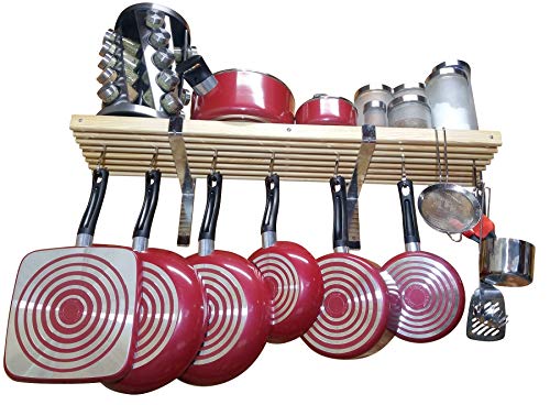 36" wooden wall mounted pot rack with 10 hooks. Wall rack. Pan rack. Hanging pot rack. Wood Pan Pot hanger. Hanging pot holder. Kitchen wall shelf. Kitchen pots pans organizer shelf 36x10 inch chrome