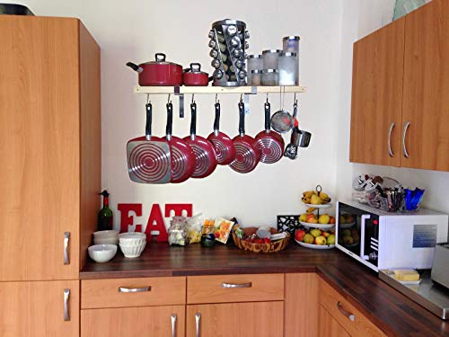 36" wooden wall mounted pot rack with 10 hooks. Wall rack. Pan rack. Hanging pot rack. Wood Pan Pot hanger. Hanging pot holder. Kitchen wall shelf. Kitchen pots pans organizer shelf 36x10 inch chrome