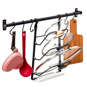 ezoware hanging pot lid organizer holder rack with drainboard set, includes 23.6 inch kitchen wall mounted rail rod with 5 s hooks for utensils pots pans lids – black