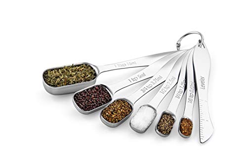 Spring Chef Heavy Duty Stainless Steel Metal Measuring Spoons for Dry or Liquid, Fits in Spice Jar, Set of 7 Including Leveler