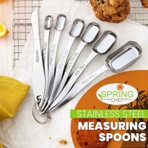 Spring Chef Heavy Duty Stainless Steel Metal Measuring Spoons for Dry or Liquid, Fits in Spice Jar, Set of 7 Including Leveler