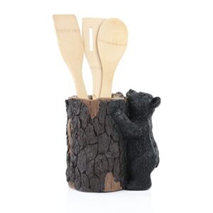 brown bear utensil holder caddy with 3 wood utensils