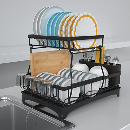 Canxisag Dish Drying Rack, 2-Tier Dish Rack 304 Stainless Steel Extra Large Dishs Rack for Ktchen Counter with Utensil Holder Dish Drainer (Black)