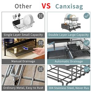 Canxisag Dish Drying Rack, 2-Tier Dish Rack 304 Stainless Steel Extra Large Dishs Rack for Ktchen Counter with Utensil Holder Dish Drainer (Black)