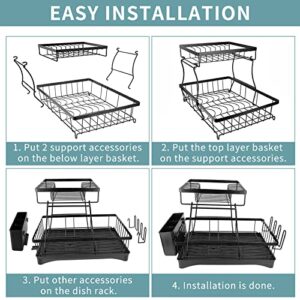 Canxisag Dish Drying Rack, 2-Tier Dish Rack 304 Stainless Steel Extra Large Dishs Rack for Ktchen Counter with Utensil Holder Dish Drainer (Black)