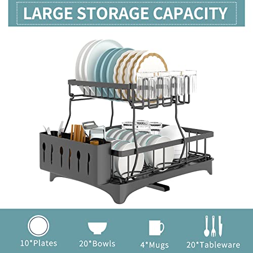 Canxisag Dish Drying Rack, 2-Tier Dish Rack 304 Stainless Steel Extra Large Dishs Rack for Ktchen Counter with Utensil Holder Dish Drainer (Black)