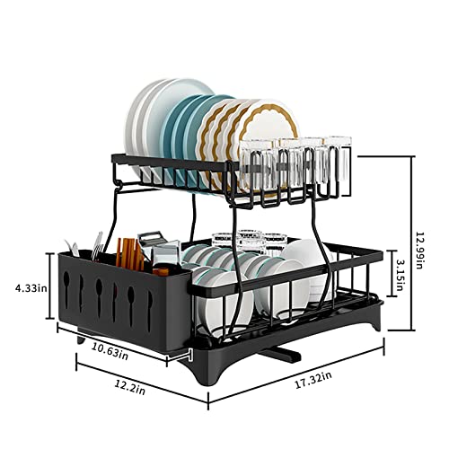 Canxisag Dish Drying Rack, 2-Tier Dish Rack 304 Stainless Steel Extra Large Dishs Rack for Ktchen Counter with Utensil Holder Dish Drainer (Black)