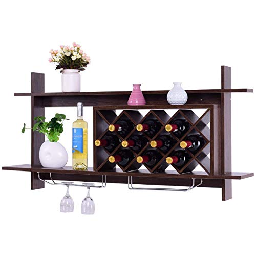 Giantex Wall Mounted Wine Rack Organizer W/Metal Glass Holder & Multifunctional Storage Shelf Modern Diamond-Shaped Wood Wine Server for 10 Bottles Wine Storage Display Rack (Black Walnut)