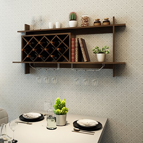 Giantex Wall Mounted Wine Rack Organizer W/Metal Glass Holder & Multifunctional Storage Shelf Modern Diamond-Shaped Wood Wine Server for 10 Bottles Wine Storage Display Rack (Black Walnut)