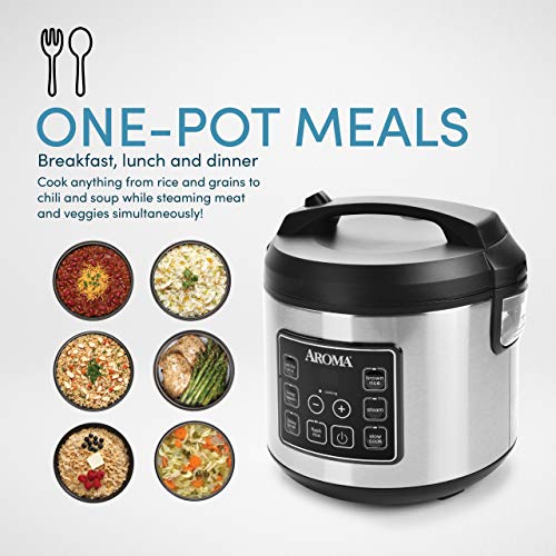 Aroma Housewares 20 Cup Cooked (10 cup uncooked) Digital Rice Cooker, Slow Cooker, Food Steamer, SS Exterior (ARC-150SB),Black