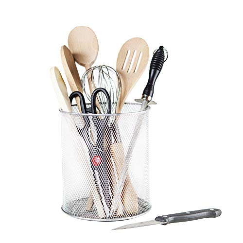 YBM Home Mesh Stainless Steel Kitchen Utensil Holder Keeps Cooking Tools & Silverware Organized and Accessible, Simple Round Cutlery Caddy Organizer for Counter, Kitchen, Table - Silver, 1 Unit 2375-1