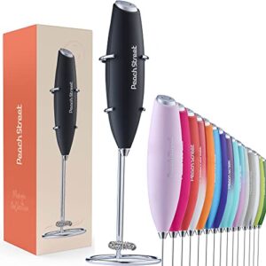 powerful handheld milk frother, mini milk foamer, battery operated (not included) stainless steel drink mixer with frother stand for coffee, lattes, cappuccino, frappe, matcha, hot chocolate.