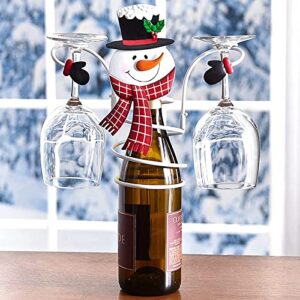 christmas wine bottle & glass holders, 3pcs snowman santa claus gnome organizer rack with christmas theme, 1 wine bottle and 2 glasses holder for home kitchen decor (snowman-1pc)