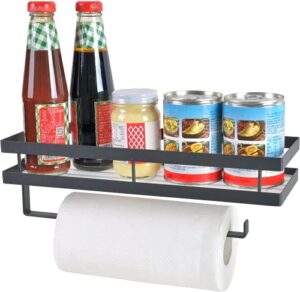 pinniyou paper towel holder with spice rack and multi-purpose shelf wall mount storage organizer for kitchen, pantry, laundry, bathroom, toilet garage – durable metal wire design – black