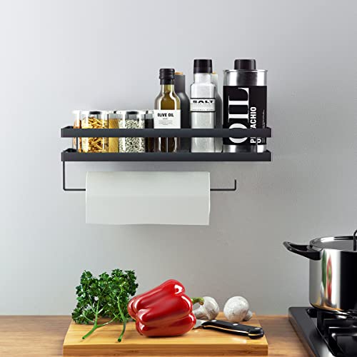 PINNIYOU Paper Towel Holder with Spice Rack and Multi-Purpose Shelf Wall Mount Storage Organizer for Kitchen, Pantry, Laundry, Bathroom, Toilet Garage - Durable Metal Wire Design - Black