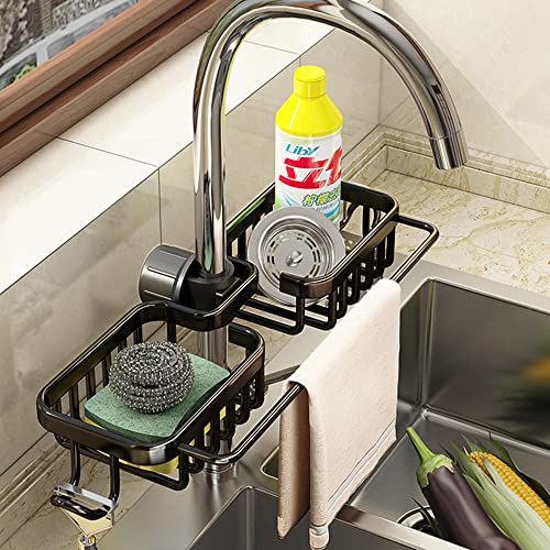 WINGSIGHT Faucet Sponge Holder Upgraded Kitchen Sink Caddy Organizer with Dish Towels Drying Rack & Hooks Over Faucet Hanging Faucet Drain Rack for Sink Organizer (Double-with Towel Rack, Black)