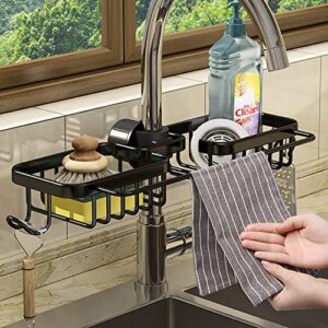 WINGSIGHT Faucet Sponge Holder Upgraded Kitchen Sink Caddy Organizer with Dish Towels Drying Rack & Hooks Over Faucet Hanging Faucet Drain Rack for Sink Organizer (Double-with Towel Rack, Black)