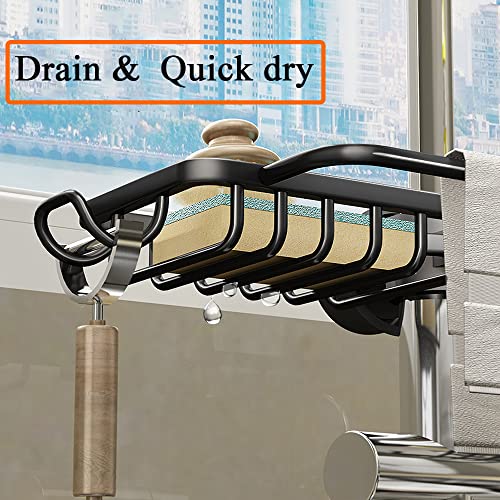 WINGSIGHT Faucet Sponge Holder Upgraded Kitchen Sink Caddy Organizer with Dish Towels Drying Rack & Hooks Over Faucet Hanging Faucet Drain Rack for Sink Organizer (Double-with Towel Rack, Black)