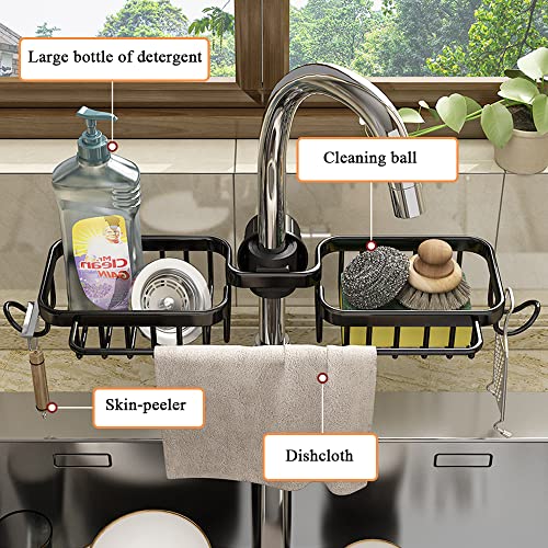 WINGSIGHT Faucet Sponge Holder Upgraded Kitchen Sink Caddy Organizer with Dish Towels Drying Rack & Hooks Over Faucet Hanging Faucet Drain Rack for Sink Organizer (Double-with Towel Rack, Black)