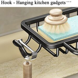 WINGSIGHT Faucet Sponge Holder Upgraded Kitchen Sink Caddy Organizer with Dish Towels Drying Rack & Hooks Over Faucet Hanging Faucet Drain Rack for Sink Organizer (Double-with Towel Rack, Black)