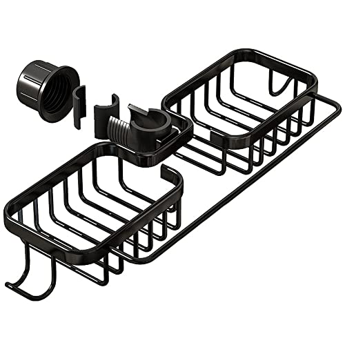 WINGSIGHT Faucet Sponge Holder Upgraded Kitchen Sink Caddy Organizer with Dish Towels Drying Rack & Hooks Over Faucet Hanging Faucet Drain Rack for Sink Organizer (Double-with Towel Rack, Black)