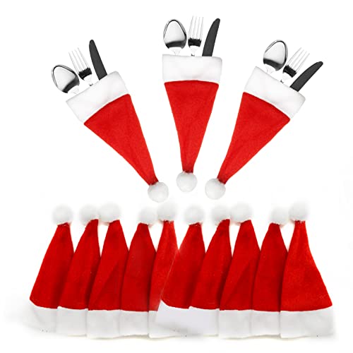 GSD 32pcs Santa Tableware Holders Wine Bottle Cover Silverware Cutlery Decor for Christmas Dinner Table Decorations, (Red & White)