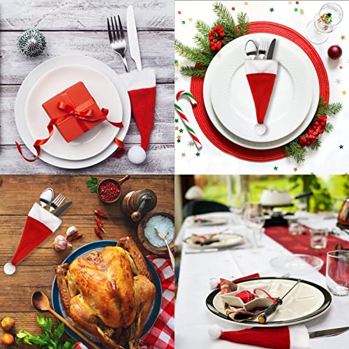 GSD 32pcs Santa Tableware Holders Wine Bottle Cover Silverware Cutlery Decor for Christmas Dinner Table Decorations, (Red & White)