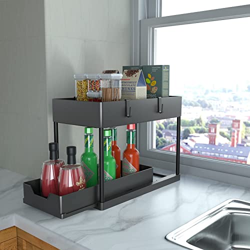 Under Kitchen Sink Organizers,2 layer black multi-purpose sink below tissue and bathroom kitchen storage,includes 4 hooks for 1 hanging cup, bottom with handle for slide out basket