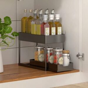 Under Kitchen Sink Organizers,2 layer black multi-purpose sink below tissue and bathroom kitchen storage,includes 4 hooks for 1 hanging cup, bottom with handle for slide out basket