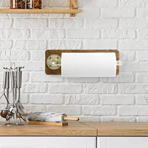 MyGift Rustic Burnt Solid Wood Paper Towel Holder Under Cabinet Wall Mount for Kitchen Paper Towel with Easy Refill Open End Industrial Brass Pipe Bar, Single Roll Paper Towel Rack Dispenser