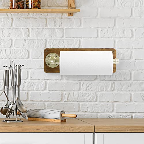 MyGift Rustic Burnt Solid Wood Paper Towel Holder Under Cabinet Wall Mount for Kitchen Paper Towel with Easy Refill Open End Industrial Brass Pipe Bar, Single Roll Paper Towel Rack Dispenser