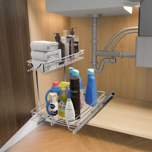 SIMCAS Pull Out Cabinet Organizer for Kitchen, 2-Tier Heavy Duty Slide Out Cabinet Organizer Shelves, Under Sink organizers and storage for Kitchen Bathroom Home Cabinet -11"W x 18"D x 15"H, Chrome