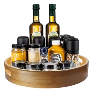 10 inch bamboo lazy susan organizer, wooden turntable for kitchen countertop, wood rotating tray turn table with handle, spinning spice rack for cabinet pantry counter top organization