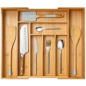 bomba bamboo drawer organizer – premium expandable drawer organizer for cutlery and kitchen utensils – natural bamboo wood flatware and cutlery organizer – 8-grid silverware tray for drawer