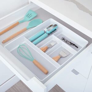 Smart Design 5-Compartment Plastic Drawer Organizer - Non-Slip Lining and Feet - BPA Free - Utensils, Flatware, Office, Personal Care, or Makeup Storage - White with Gray