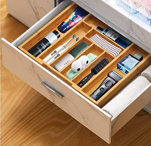 XYMiJiaLe bamboo expandable drawer organizer, bamboo drawer organizer, kitchen drawer organizer, cutlery tray, silverware organizer (6-8 slots) for kitchen, silverware, cutlery and makeup drawers.