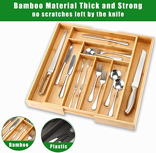 XYMiJiaLe bamboo expandable drawer organizer, bamboo drawer organizer, kitchen drawer organizer, cutlery tray, silverware organizer (6-8 slots) for kitchen, silverware, cutlery and makeup drawers.