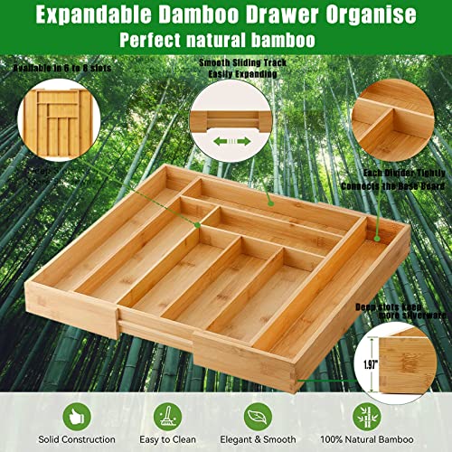 XYMiJiaLe bamboo expandable drawer organizer, bamboo drawer organizer, kitchen drawer organizer, cutlery tray, silverware organizer (6-8 slots) for kitchen, silverware, cutlery and makeup drawers.