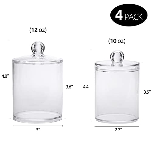 Tbestmax 4 Pack Qtip Holder - 10 oz, 12 oz Restroom Bathroom Organizers and Storage Containers, Clear Plastic Apothecary Jars with Lids for Cotton Ball, Cotton Swab, Cotton Round Pads, Floss