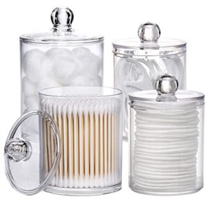 tbestmax 4 pack qtip holder – 10 oz, 12 oz restroom bathroom organizers and storage containers, clear plastic apothecary jars with lids for cotton ball, cotton swab, cotton round pads, floss