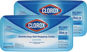 clorox disinfecting wet mopping cloths, disposable mop heads, multi-surface floor mop, rain clean scent, 24 wet refills (pack of 2)