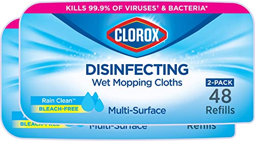 Clorox Disinfecting Wet Mopping Cloths, Disposable Mop Heads, Multi-Surface Floor Mop, Rain Clean Scent, 24 Wet Refills (Pack of 2)