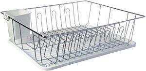 megachef chef single level dish rack with 14 plate positioners and a detachable utensil holder, white dr-102 silver