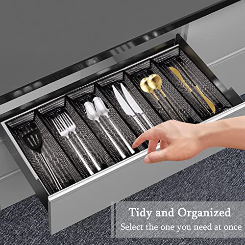 Chris.W 6Pcs Kitchen Utensil Drawer Organizers Tray Mesh Silverware Cutlery Tray with Interlocking Arm, Free Combination for Flatware Spoons Forks Knifes Storage (Black - 11.81x3.15x2in)