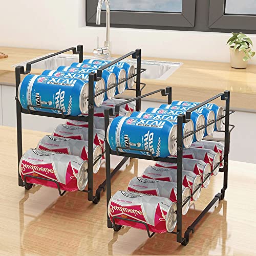 ShellKingdom Stackable Beverage Soda Can Dispenser Organizer Rack, [2 Set] Rolling Beverage Rack, Can Storage Holder for Pantry Refrigerator (Black)