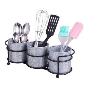 metal flatware, cutlery, kitchen utensil & silverware caddy organizer bin holder for forks, spoons, knives – galvanized caddy storage set of 3 buckets – perfect kitchen countertop for kitchen decor