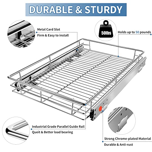 Fineera Pull Out Cabinet Drawer Organizer Heavy Duty Slide Out Pantry Shelves Sliding Drawer Storage for Home, Kitchen and Bathroom, 14’’ W x 21’’ D, Requires at Least 15-1/4’’ Cabinet Opening