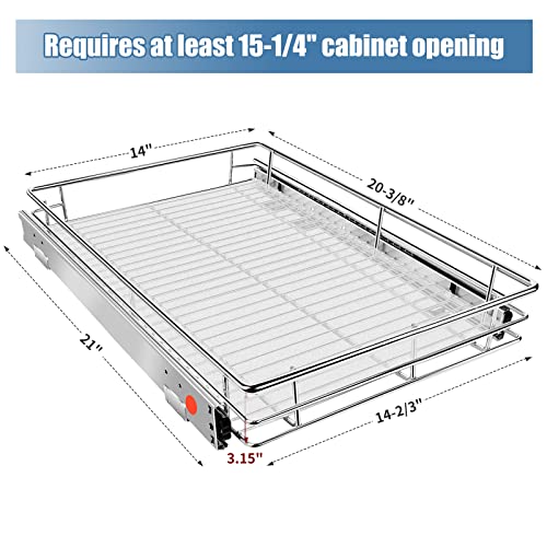 Fineera Pull Out Cabinet Drawer Organizer Heavy Duty Slide Out Pantry Shelves Sliding Drawer Storage for Home, Kitchen and Bathroom, 14’’ W x 21’’ D, Requires at Least 15-1/4’’ Cabinet Opening