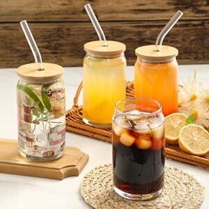 [ 6pcs Set ] Glass Cups with Bamboo Lids and Glass Straw - Beer Can Shaped Drinking Glasses, 16 oz Iced Coffee Glasses, Cute Tumbler Cup for Smoothie, Boba Tea, Whiskey, Water - 2 Cleaning Brushes