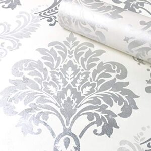 emoyi silver damask pattern self-adhesive paper for shelf liner peel stick wallpaper counter top sticker 17.7”x78”